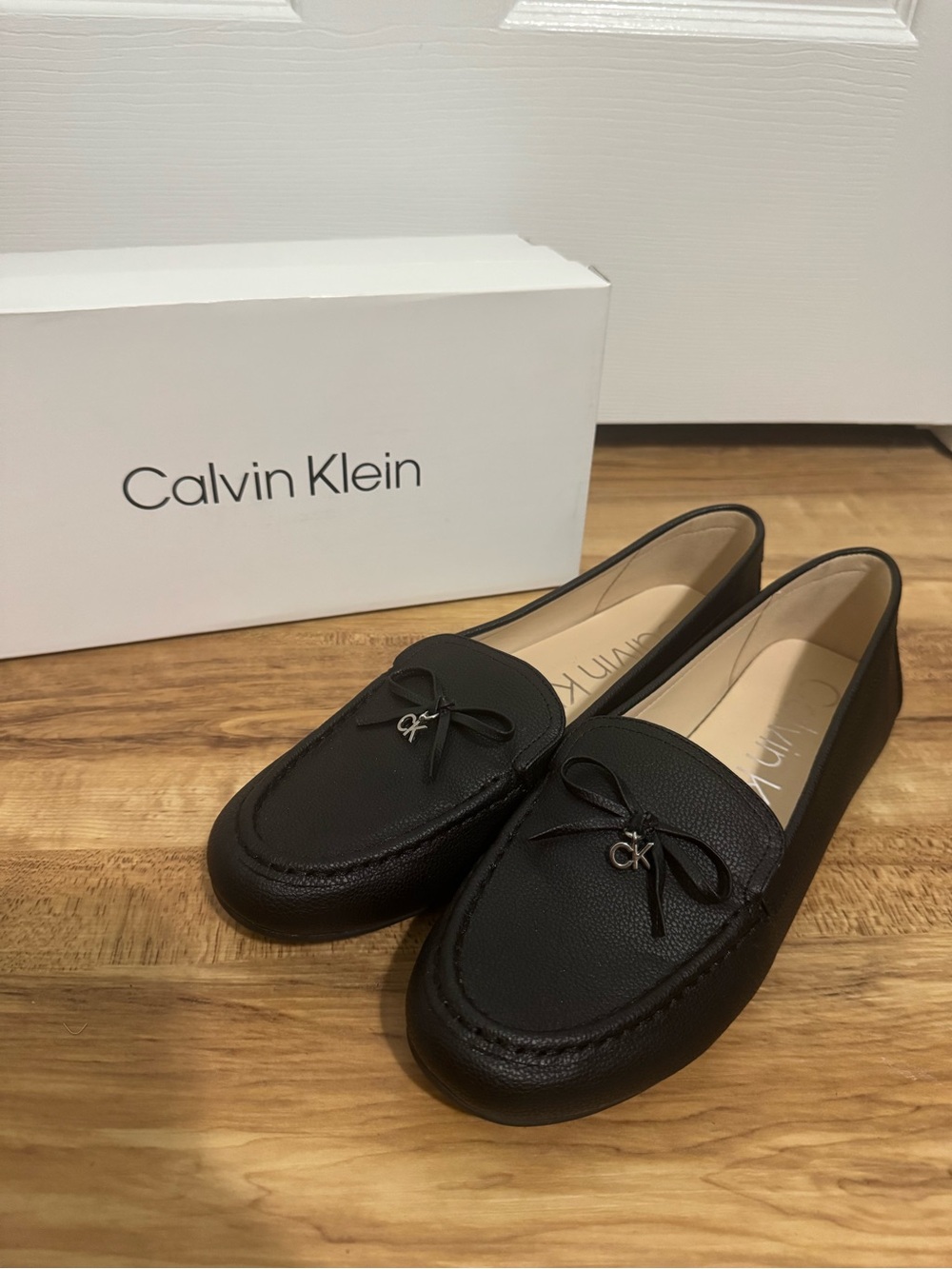 Calvin Klein Black Leather Bow Accent Loafers